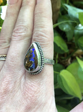 Load image into Gallery viewer, Boulder Opal Statement ring with patterned band sz 7.5
