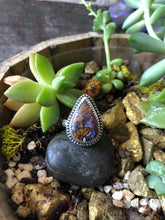 Load image into Gallery viewer, Boulder Opal Statement ring with patterned band sz 7.5
